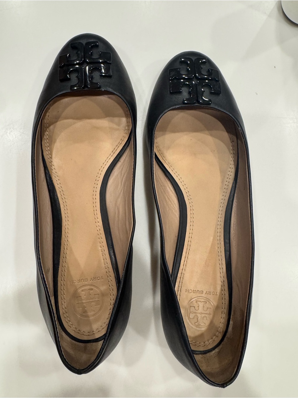 Tory Burch Black Leather Logo Cap-Toe Ballet Flats